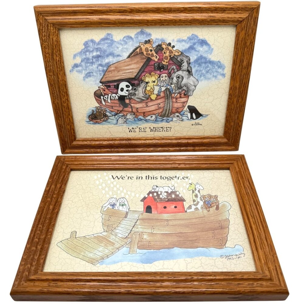 Noahs Ark Child Baby Room Art Prints In Oak Frames 6"x8" Set Of 2 1993 - 96
